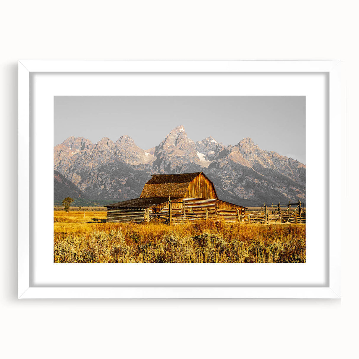 Rustic Barn with Mountain Range – Farmhouse Vintage Landscape Wall Art