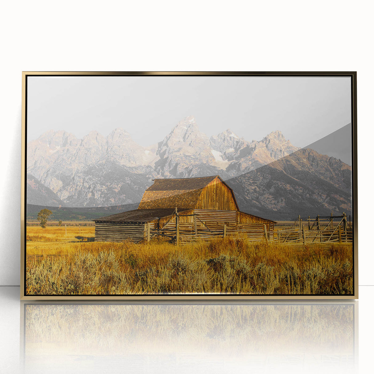 Rustic Barn with Mountain Range – Farmhouse Vintage Landscape Wall Art