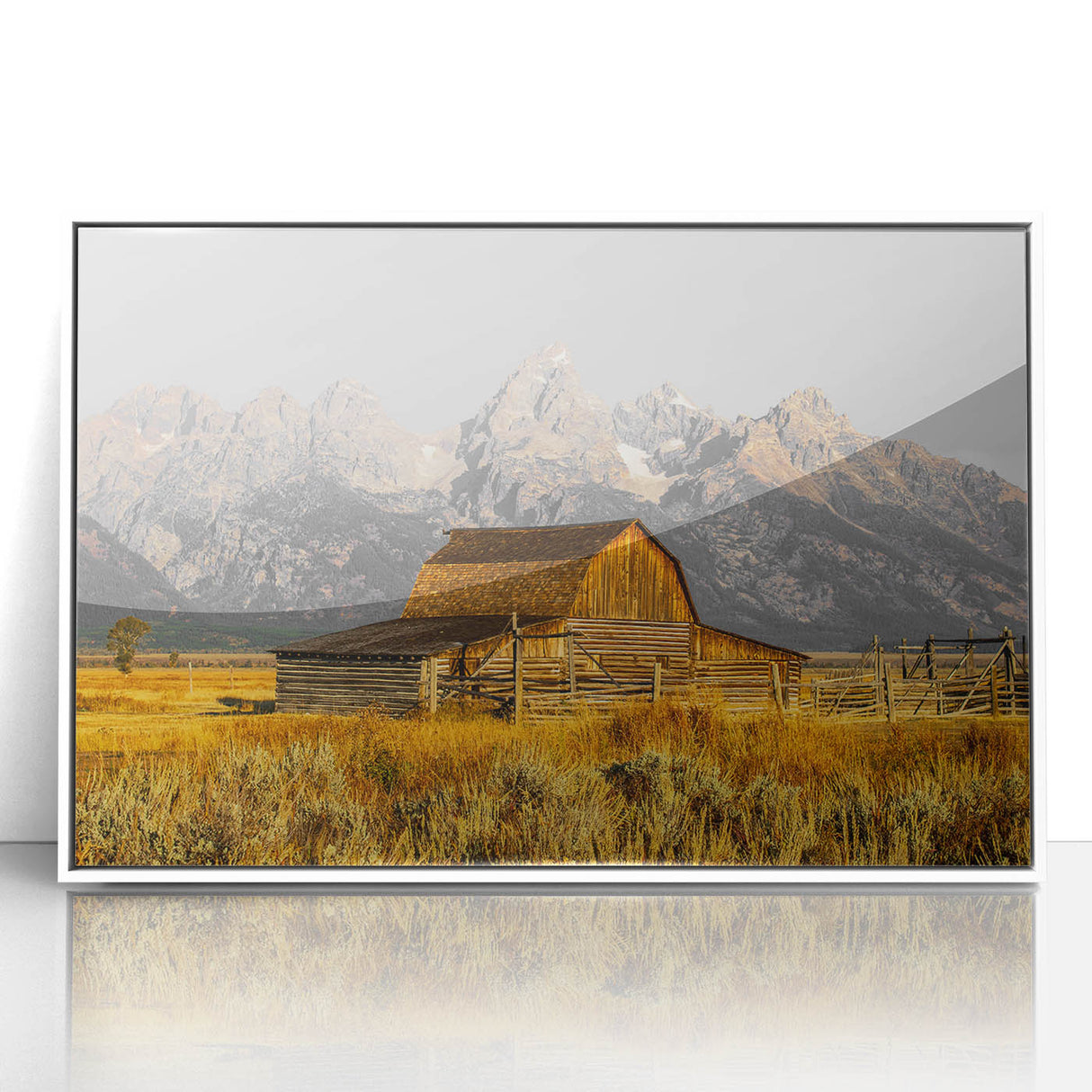 Rustic Barn with Mountain Range – Farmhouse Vintage Landscape Wall Art