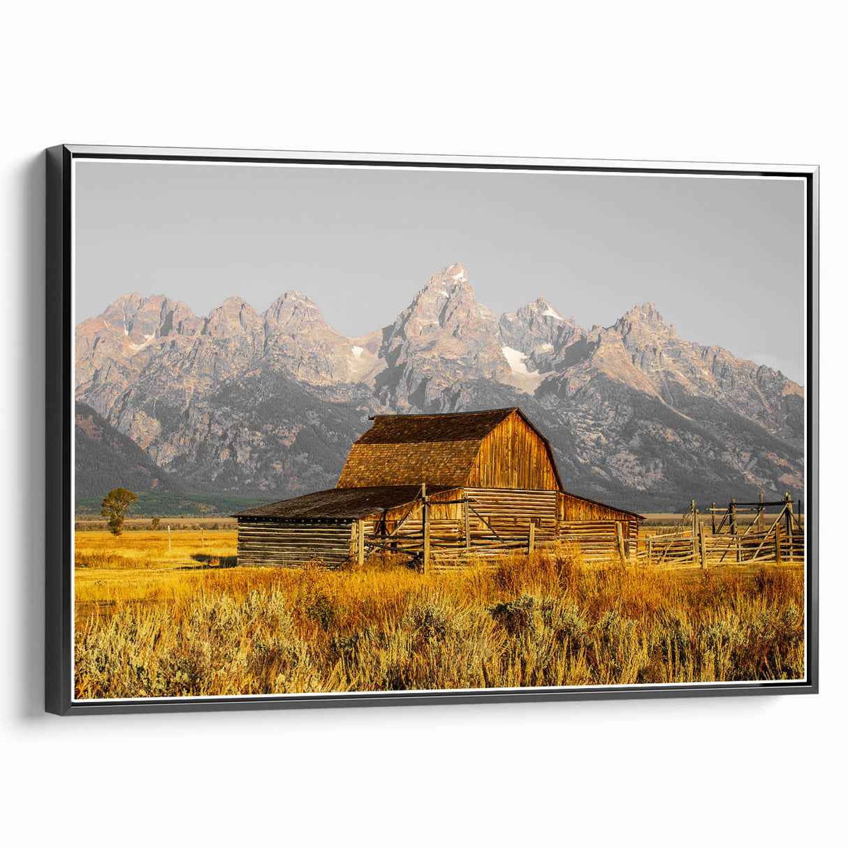 Rustic Barn with Mountain Range – Farmhouse Vintage Landscape Wall Art