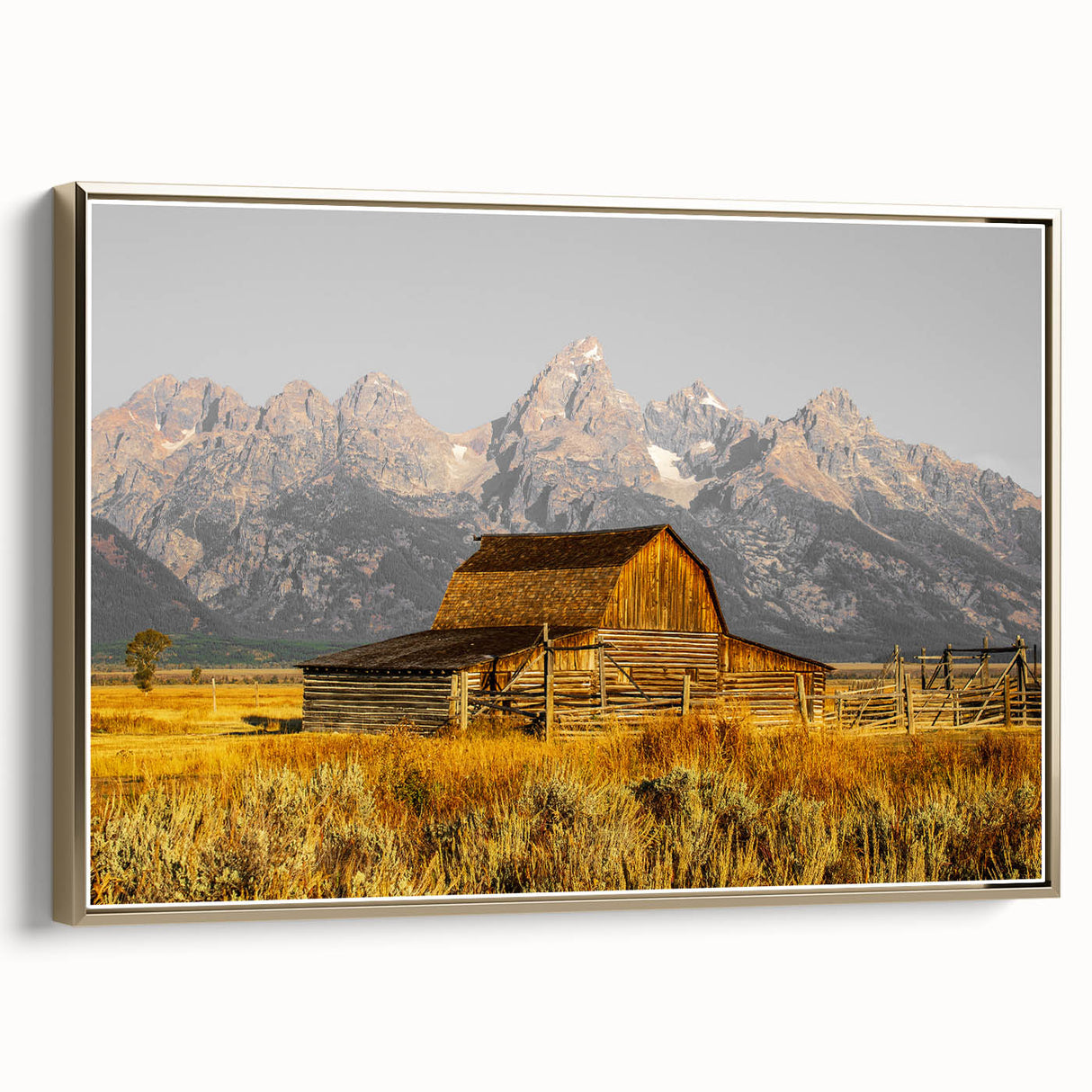 Rustic Barn with Mountain Range – Farmhouse Vintage Landscape Wall Art