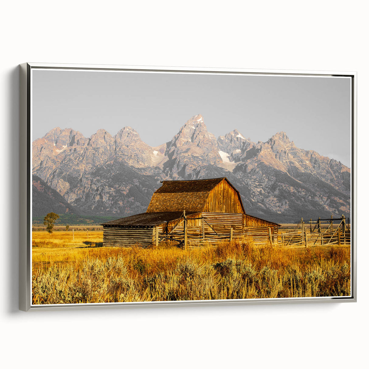 Rustic Barn with Mountain Range – Farmhouse Vintage Landscape Wall Art