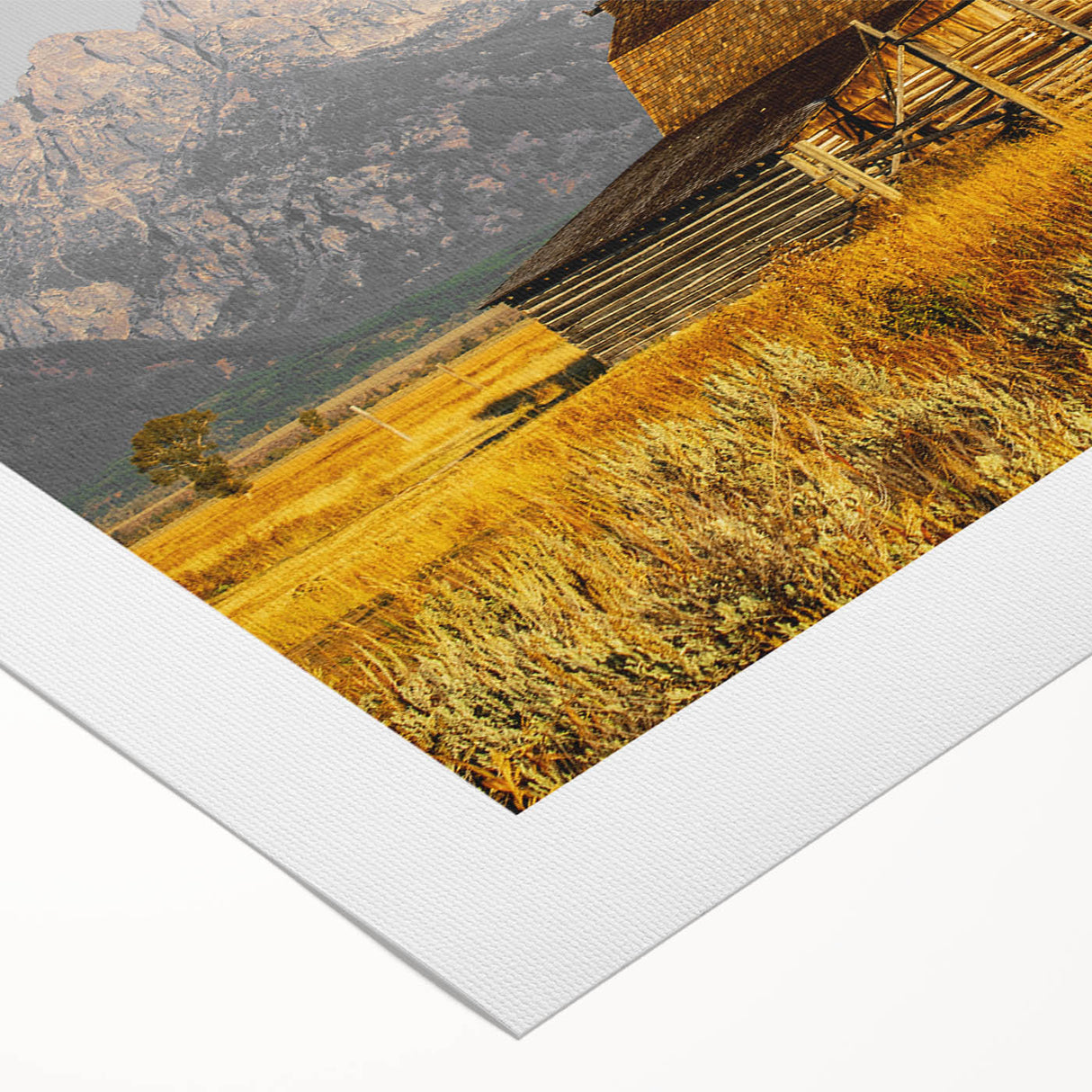 Rustic Barn with Mountain Range – Farmhouse Vintage Landscape Wall Art