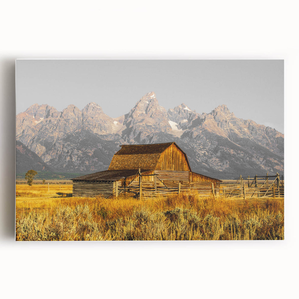Rustic Barn with Mountain Range – Farmhouse Vintage Landscape Wall Art