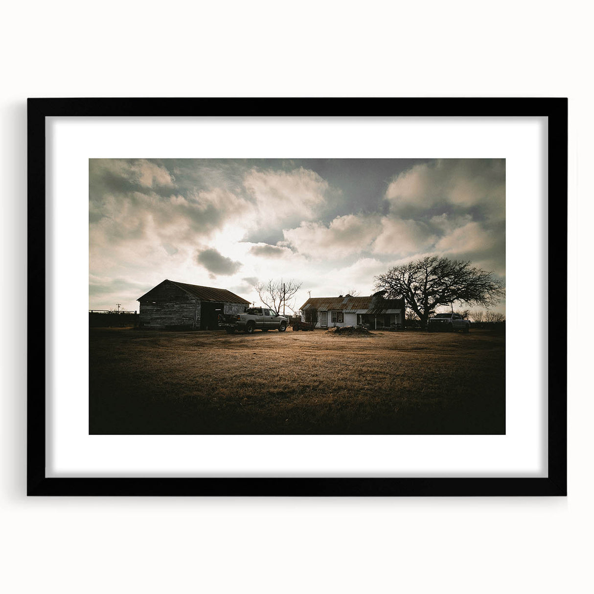 Rustic Wall Art - Vintage Farmhouse Barn with Truck and Dramatic Sky