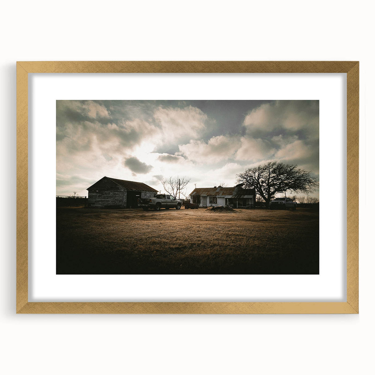 Rustic Wall Art - Vintage Farmhouse Barn with Truck and Dramatic Sky