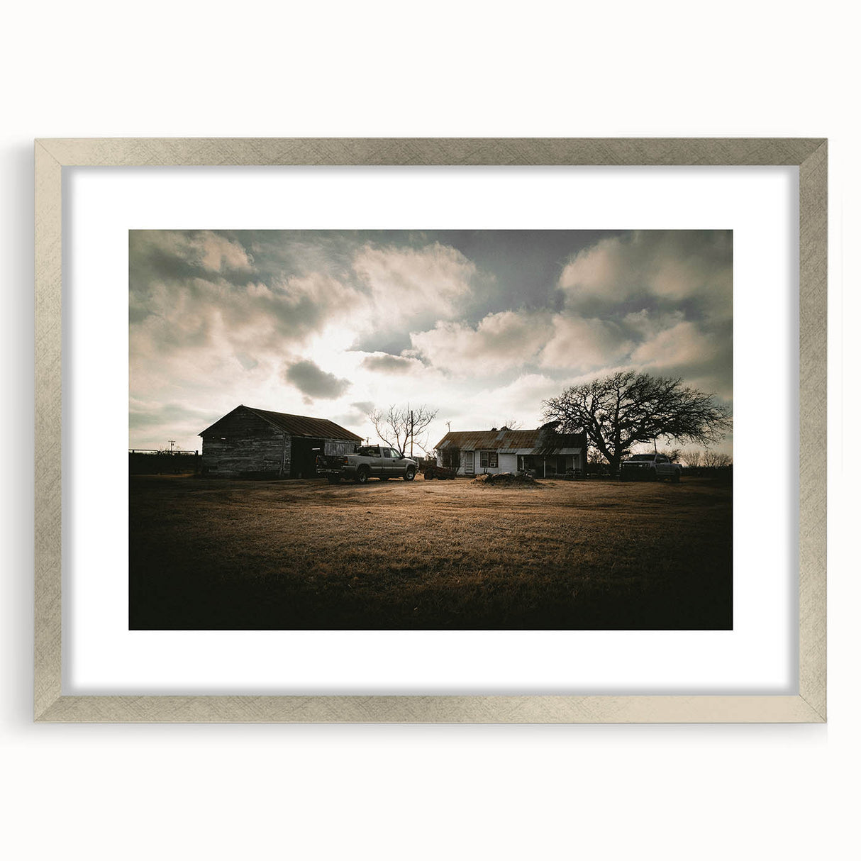 Rustic Wall Art - Vintage Farmhouse Barn with Truck and Dramatic Sky