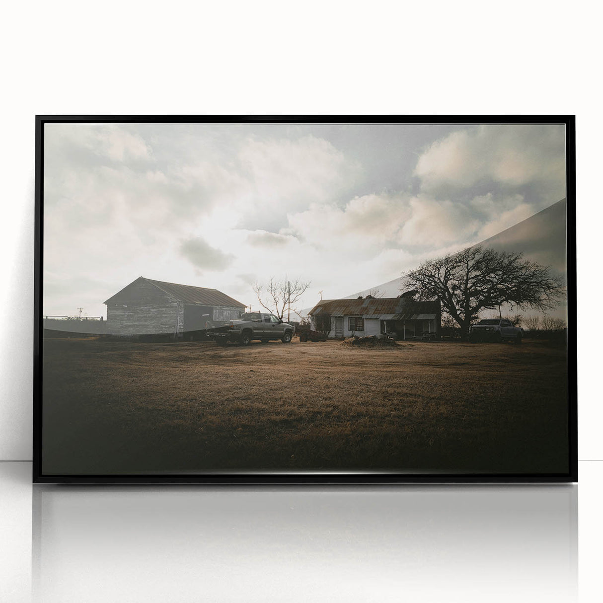 Rustic Wall Art - Vintage Farmhouse Barn with Truck and Dramatic Sky