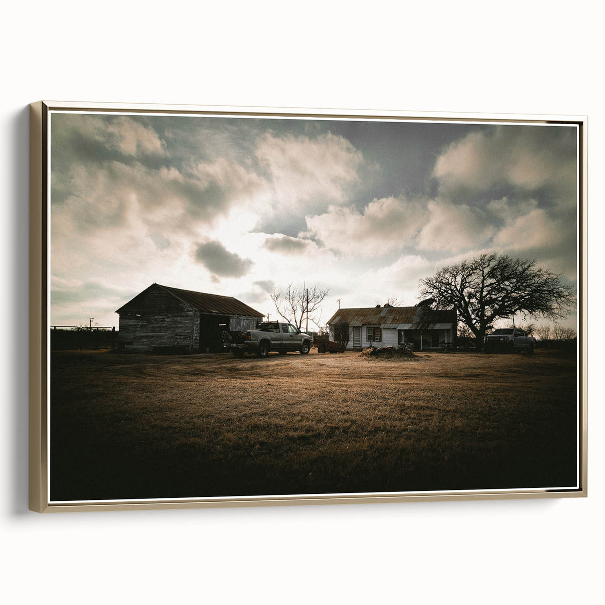 Rustic Wall Art - Vintage Farmhouse Barn with Truck and Dramatic Sky