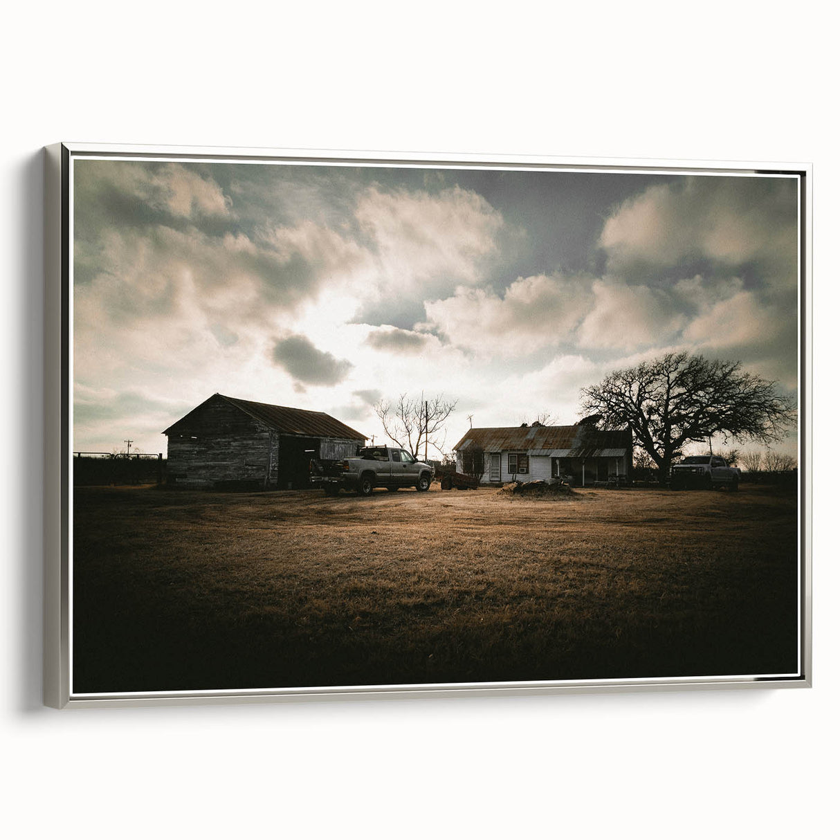 Rustic Wall Art - Vintage Farmhouse Barn with Truck and Dramatic Sky