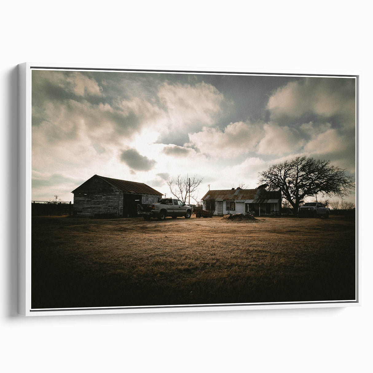 Rustic Wall Art - Vintage Farmhouse Barn with Truck and Dramatic Sky