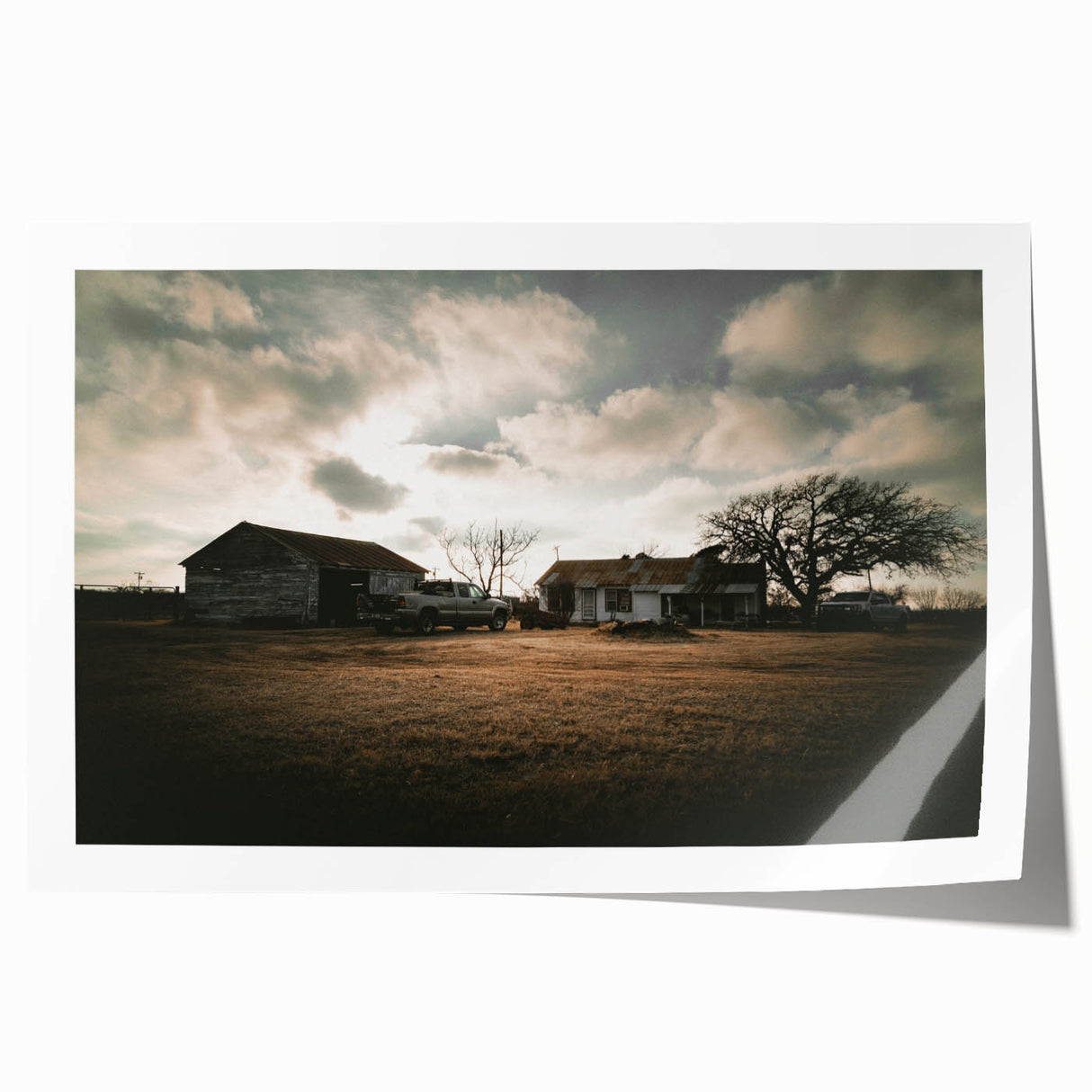 Rustic Wall Art - Vintage Farmhouse Barn with Truck and Dramatic Sky