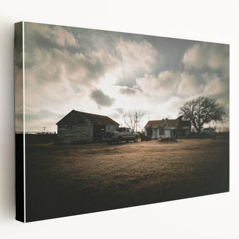 Rustic Wall Art - Vintage Farmhouse Barn with Truck and Dramatic Sky