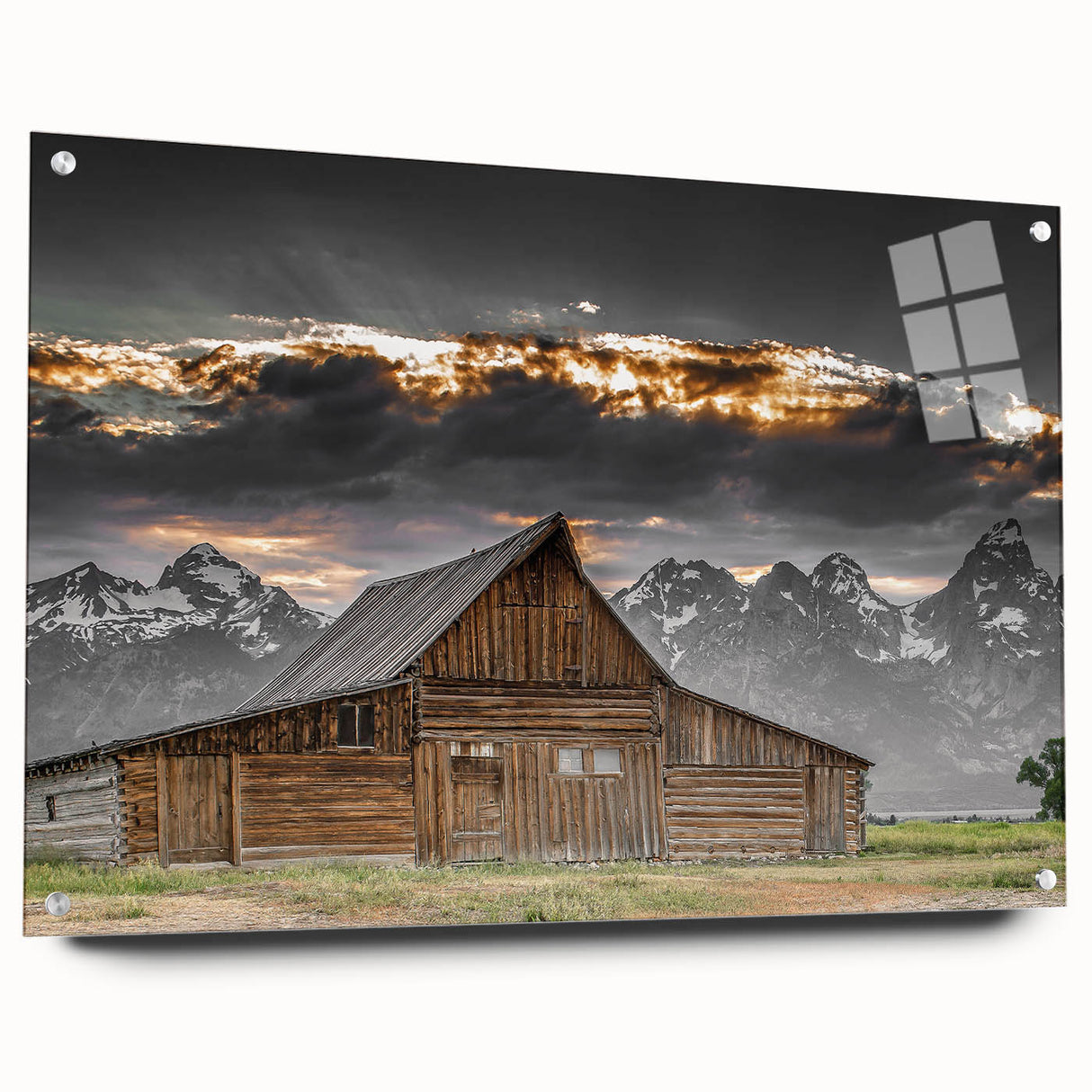 Rustic Wall Art - Barn and Mountain Landscape with Dramatic Sky