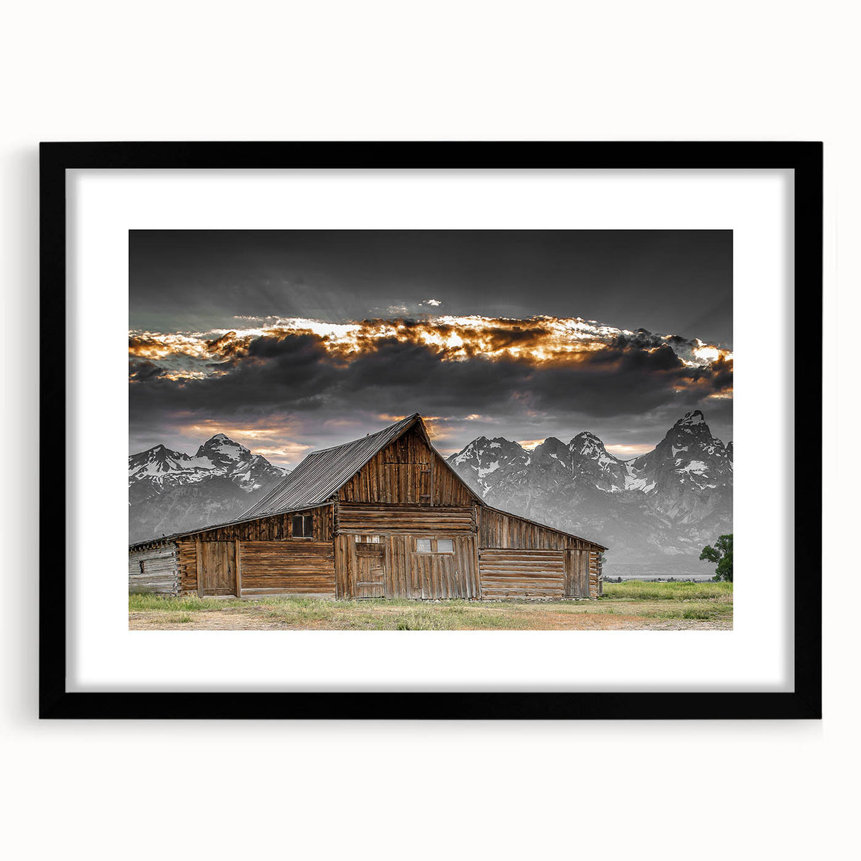 Rustic Wall Art - Barn and Mountain Landscape with Dramatic Sky