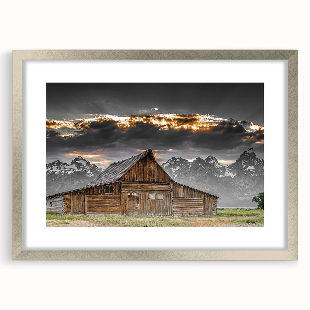 Rustic Wall Art - Barn and Mountain Landscape with Dramatic Sky
