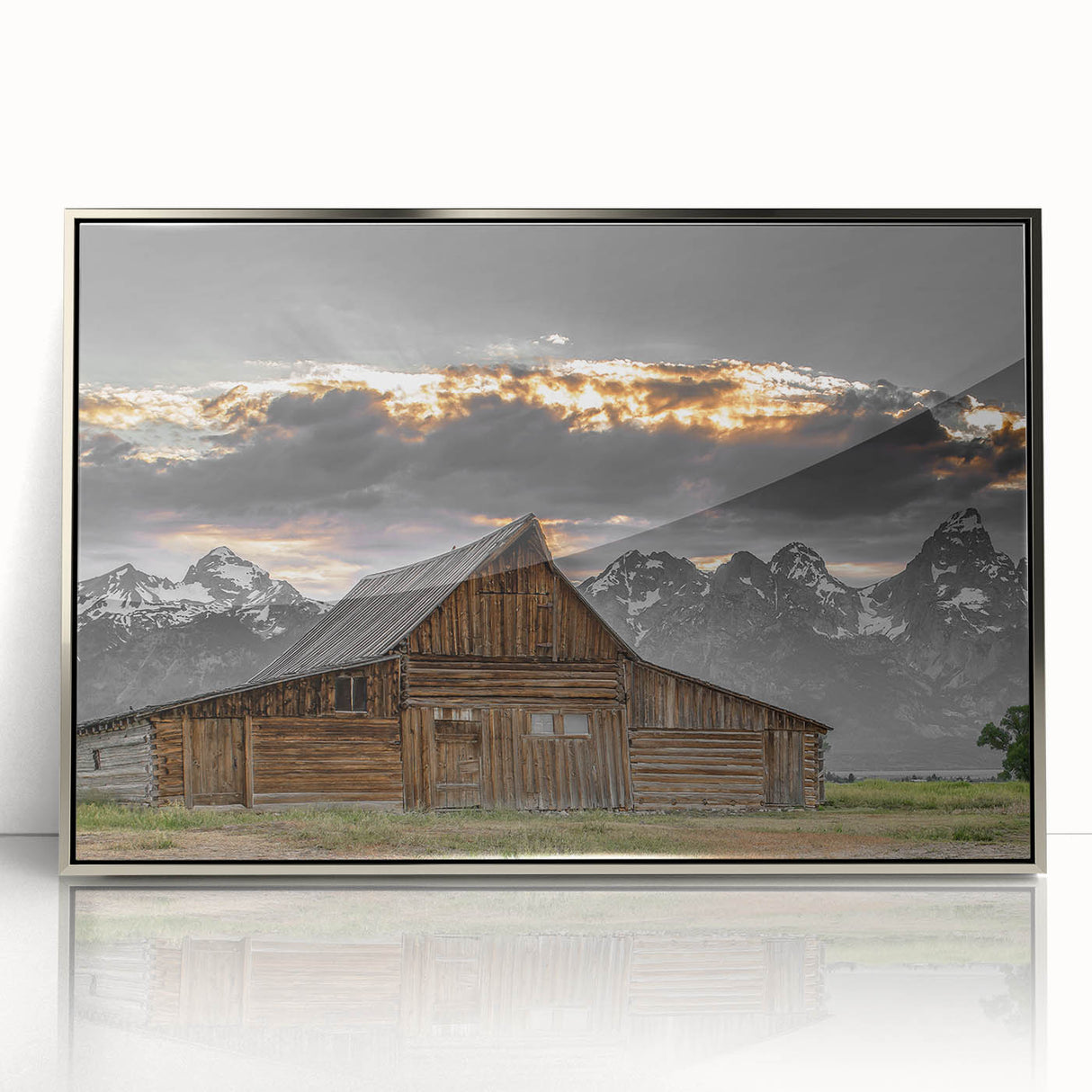 Rustic Wall Art - Barn and Mountain Landscape with Dramatic Sky