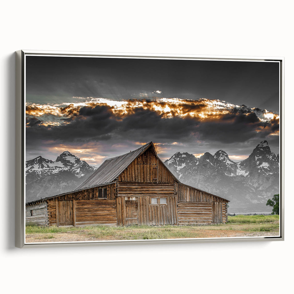 Rustic Wall Art - Barn and Mountain Landscape with Dramatic Sky