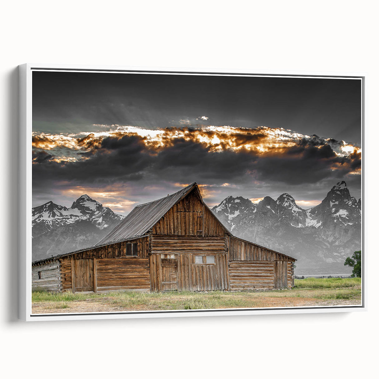 Rustic Wall Art - Barn and Mountain Landscape with Dramatic Sky
