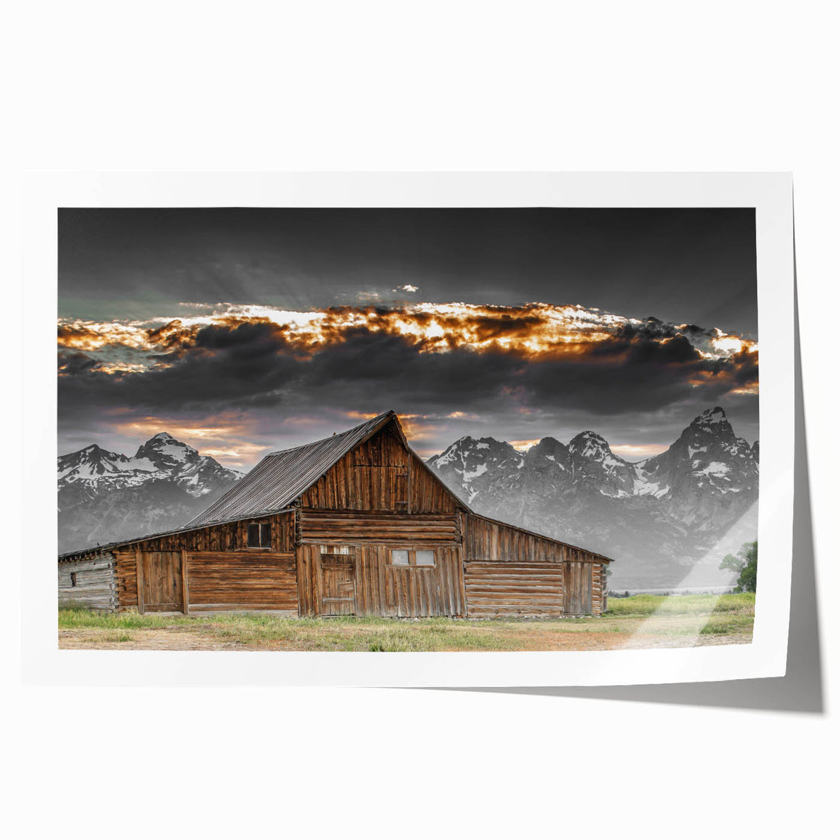 Rustic Wall Art - Barn and Mountain Landscape with Dramatic Sky