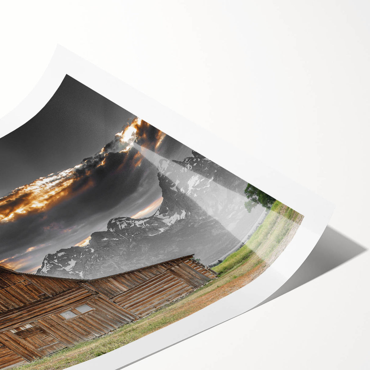 Rustic Wall Art - Barn and Mountain Landscape with Dramatic Sky
