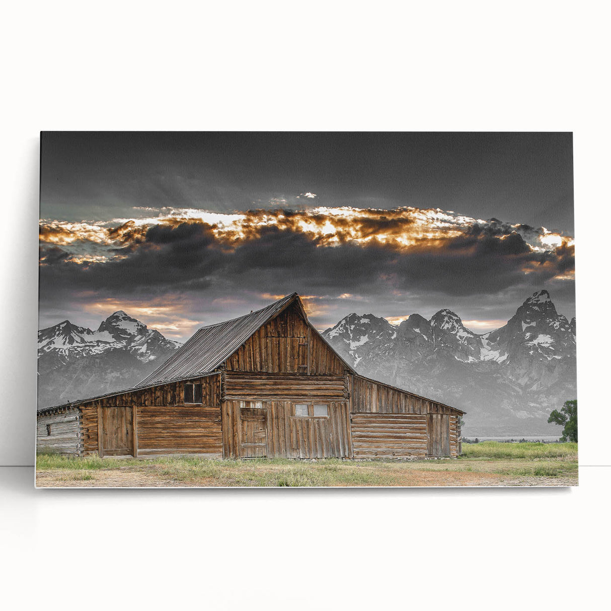 Rustic Wall Art - Barn and Mountain Landscape with Dramatic Sky
