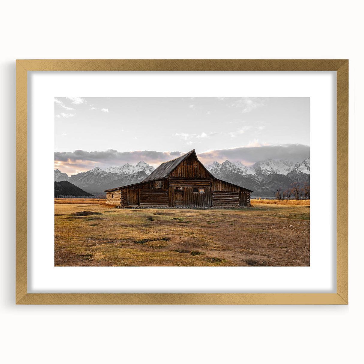 Rustic Barn with Mountain Backdrop | Farmhouse Wall Art | Vintage Landscape