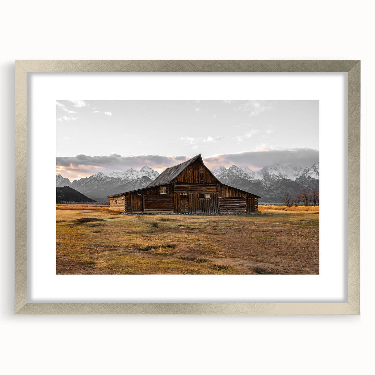 Rustic Barn with Mountain Backdrop | Farmhouse Wall Art | Vintage Landscape