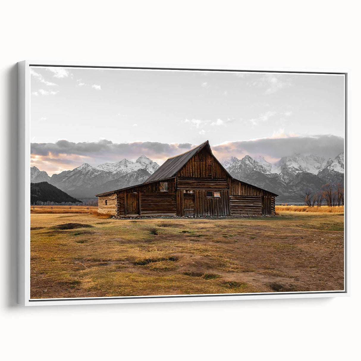 Rustic Barn with Mountain Backdrop | Farmhouse Wall Art | Vintage Landscape