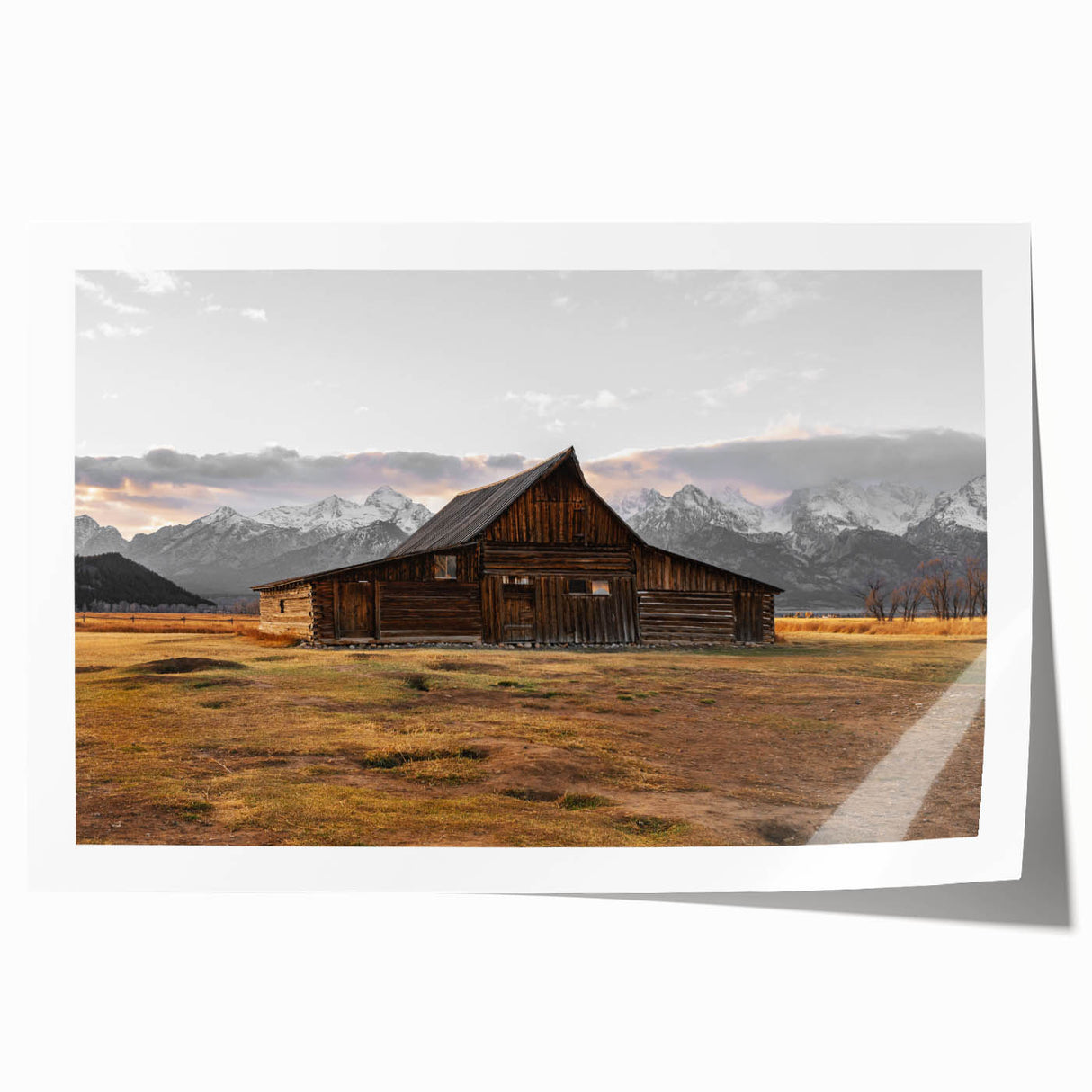 Rustic Barn with Mountain Backdrop | Farmhouse Wall Art | Vintage Landscape