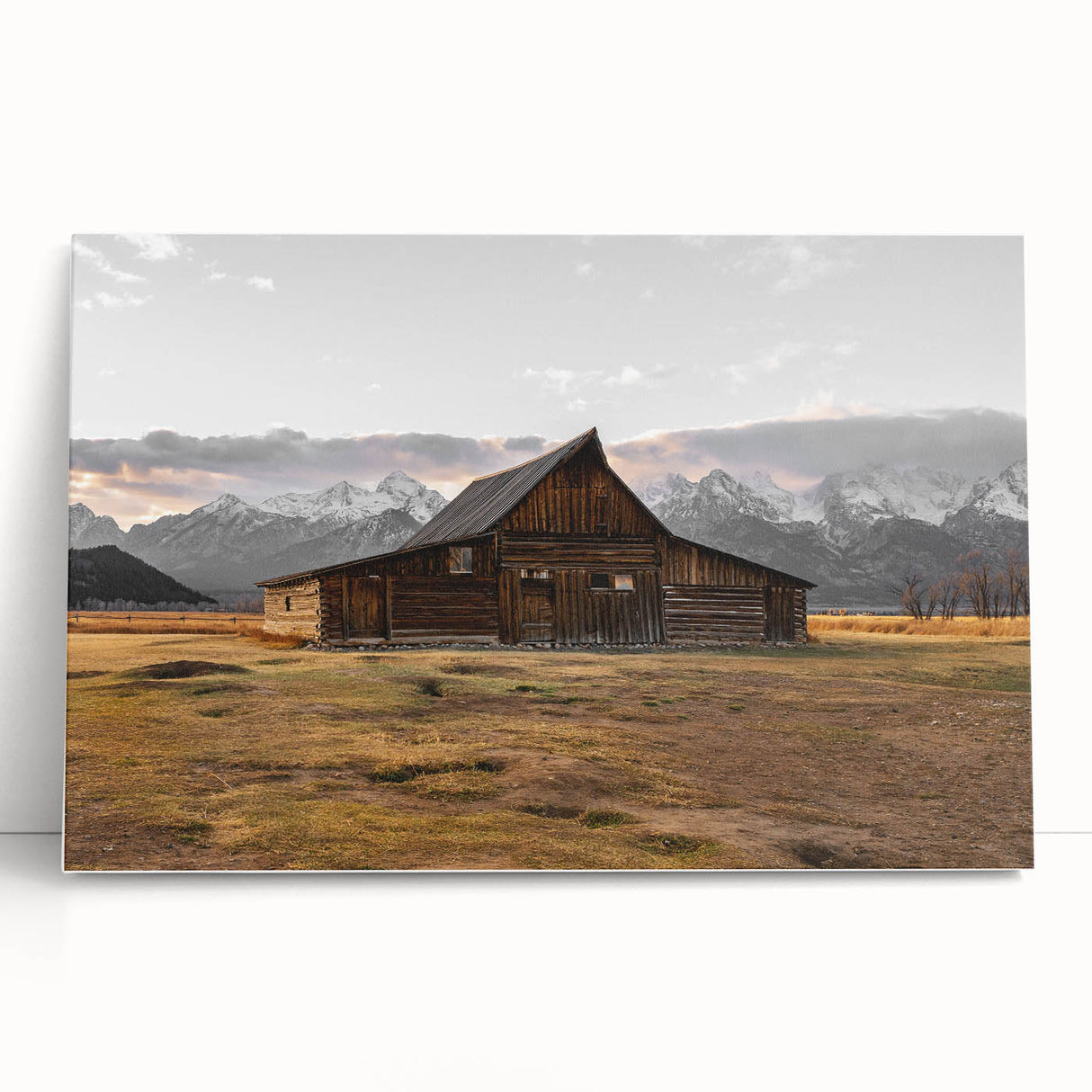 Rustic Barn with Mountain Backdrop | Farmhouse Wall Art | Vintage Landscape