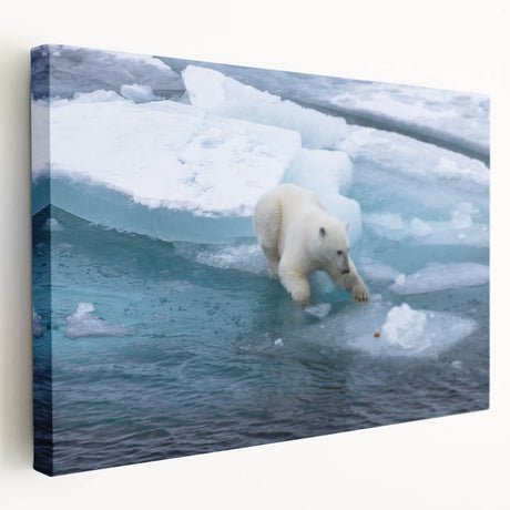 Stretched canvas wall art featuring a polar bear design, showcasing a side view with vibrant colors and intricate details, perfect for wildlife decor enthusiasts.