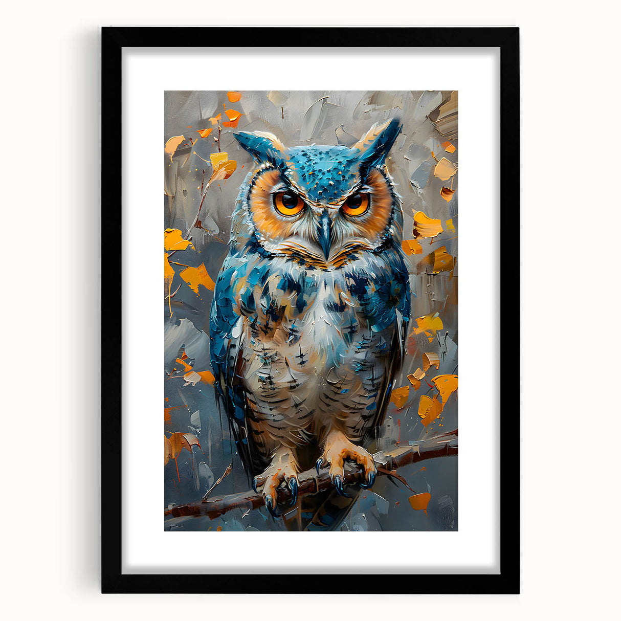 Framed wall art featuring a striking bird design in vibrant colors, presented in a sleek black frame with matting, perfect for enhancing home decor aesthetics.