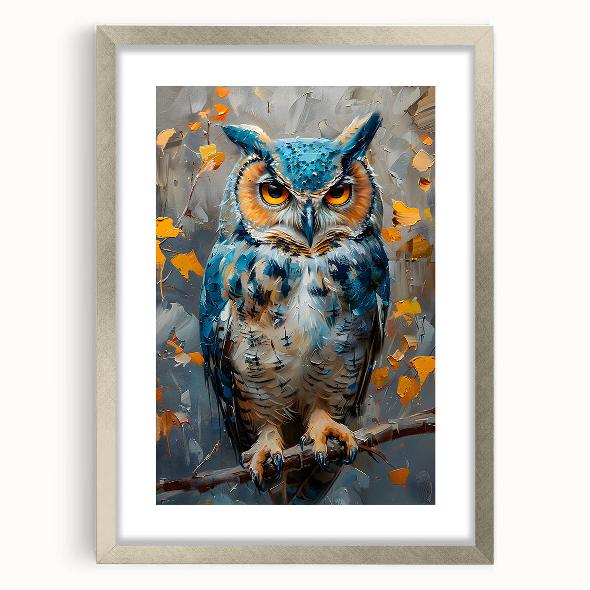 Framed wall art featuring a striking birds-of-prey design in a silver frame, showcasing intricate details and vibrant colors, perfect for home decor or nature lovers.