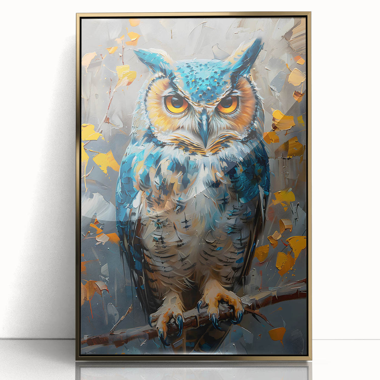 Framed wall art featuring a striking birds of prey design, showcasing intricate details in gold against a sleek acrylic backdrop, perfect for home decor.