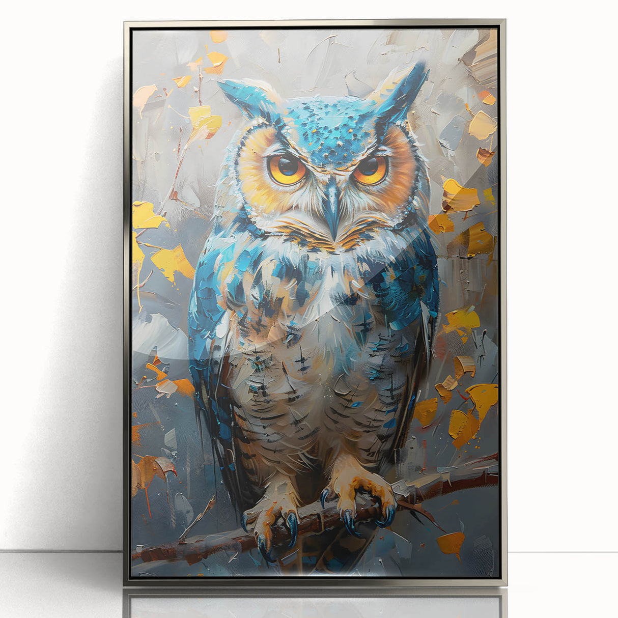 Framed wall art featuring a striking design of birds in flight, displayed in a sleek silver frame with acrylic glass, ideal for modern home decor aesthetics.