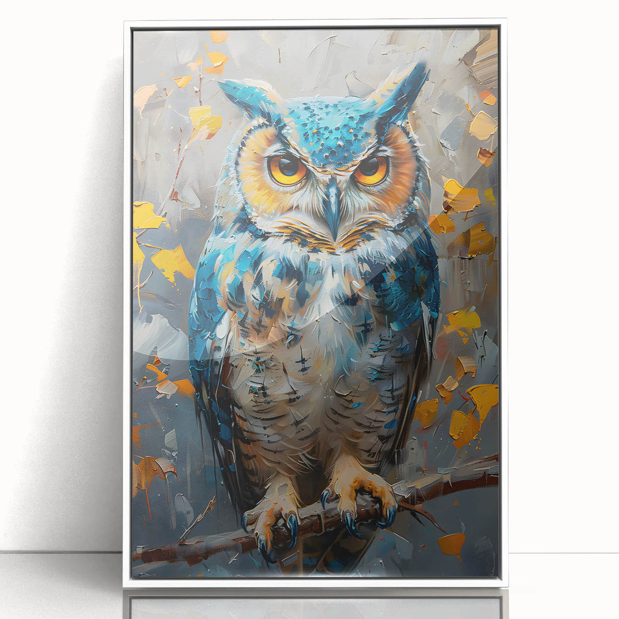 Framed wall art featuring a vibrant "Birds of Prey" design, displayed in a sleek white frame with acrylic glass, perfect for adding elegance to any living space.