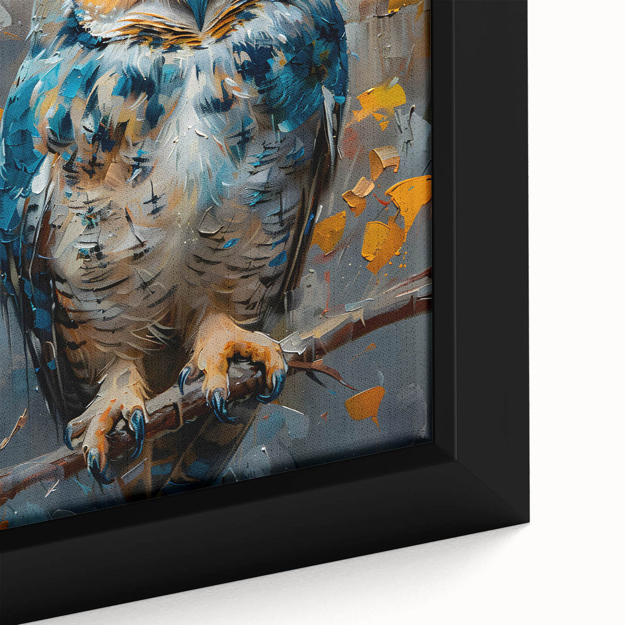Close-up of a framed canvas artwork showcasing a vibrant design of various birds in flight, featuring intricate details and rich colors, perfect for home decor.
