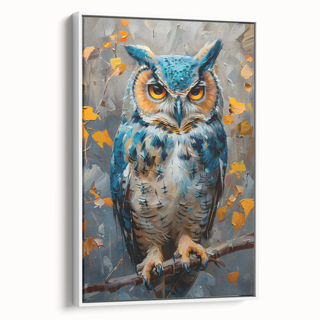 Framed canvas wall art showcasing a vibrant bird design in a white frame, displayed from a side view, perfect for enhancing modern home decor or office spaces.