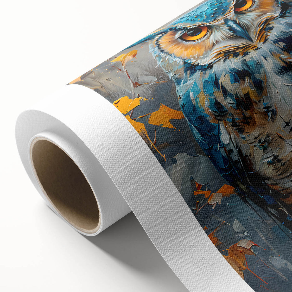 Colorful rolled canvas artwork showcasing a vibrant birds of prey design, featuring detailed illustrations of various raptor species, perfect for enhancing home decor.