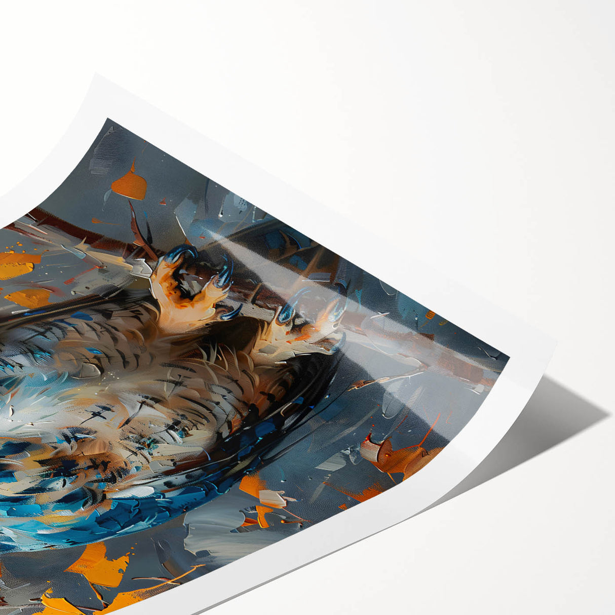 Vibrant rolled print showcasing a stylized bird design in various colors, perfect for home decor and art enthusiasts, packaged securely for easy display.