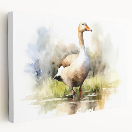 Stretched canvas wall art featuring a serene goose design in soft pastel colors, ideal for nature-themed decor. Perfect for enhancing living spaces with tranquility.