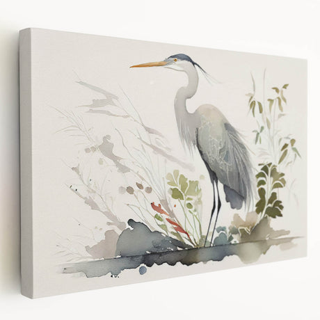 Elegant wall art featuring a heron and egret design on stretched canvas, showcasing intricate details and vibrant colors, ideal for nature-themed decor.