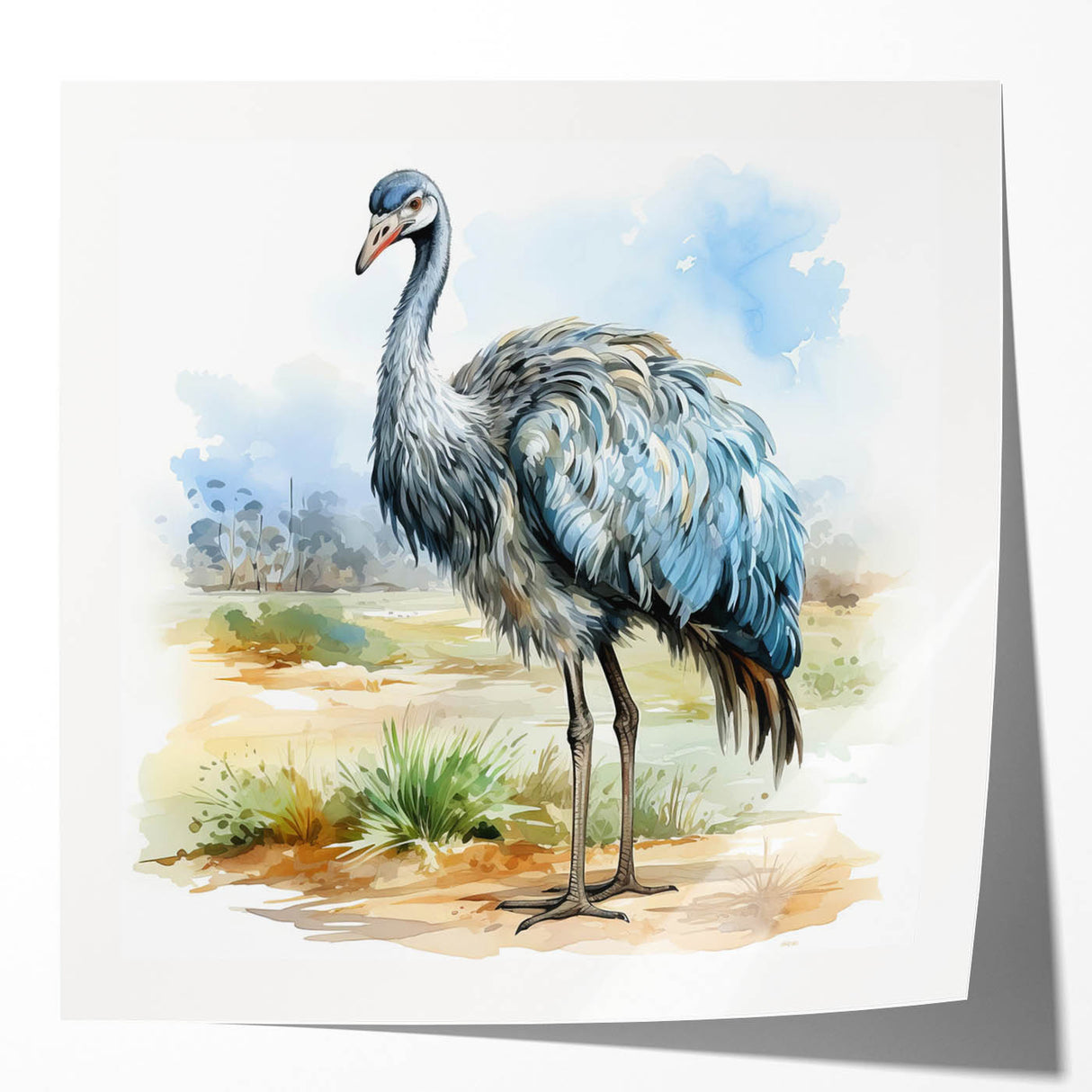 Vibrant wall art print featuring an elegant ostrich design in rich colors, presented in a glossy finish, perfect for enhancing modern decor and adding a touch of nature.