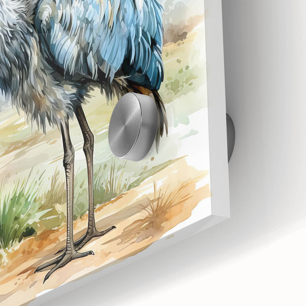 Close-up of an acrylic glass wall art piece featuring vibrant ostrich designs, showcasing intricate details and rich colors, perfect for modern decor.