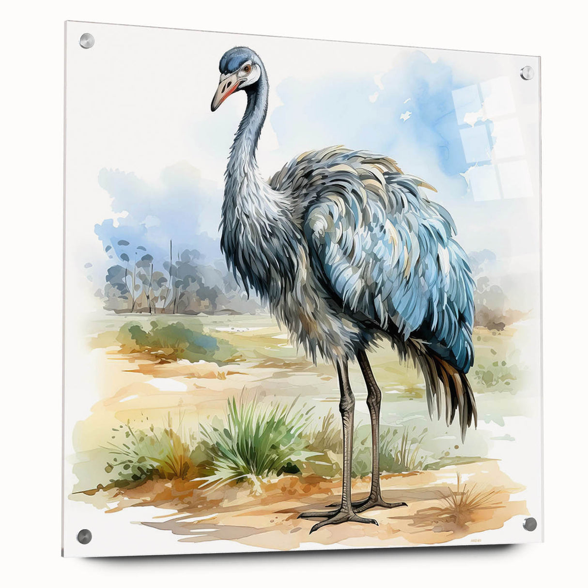 Side view of a modern acrylic wall art piece featuring a vibrant ostrich design, elegantly mounted with pins, showcasing colorful details and textures perfect for contemporary decor.