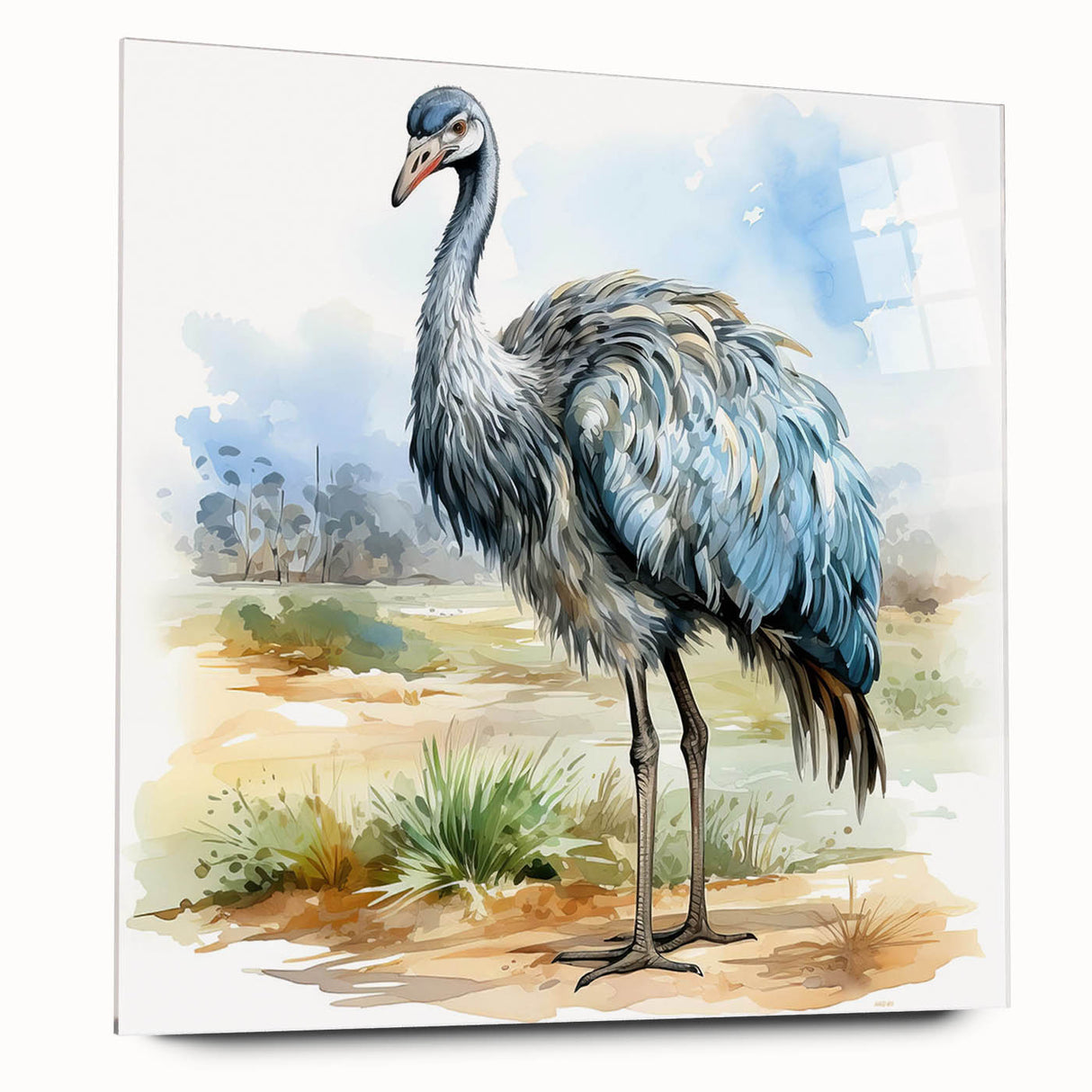 Colorful acrylic wall art featuring a side view of an ostrich, showcasing intricate details and vibrant hues, perfect for adding a modern touch to any room decor.