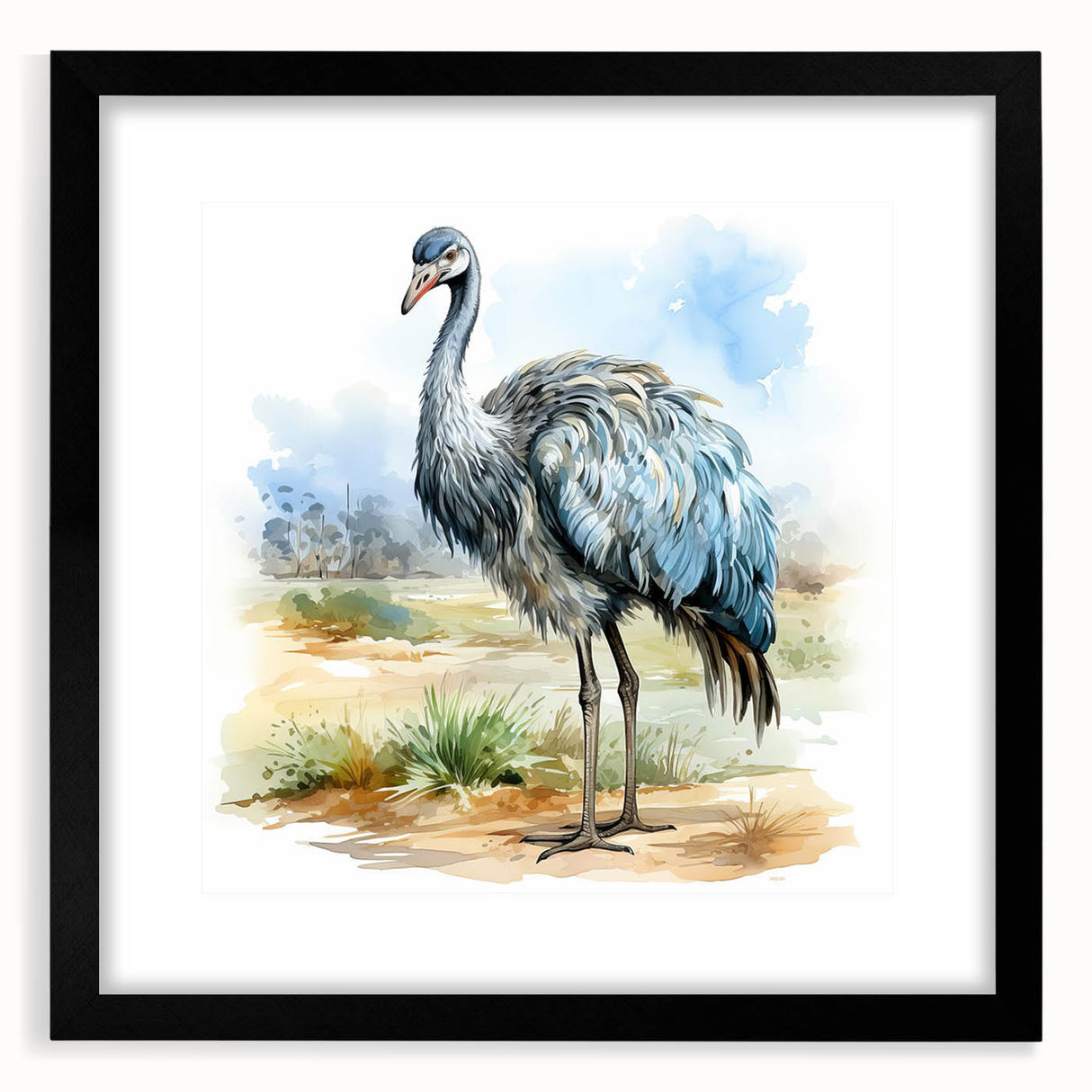 Ostrich-themed wall art collection framed in black with a mat, showcasing intricate bird designs; perfect for modern decor and enhancing living spaces.
