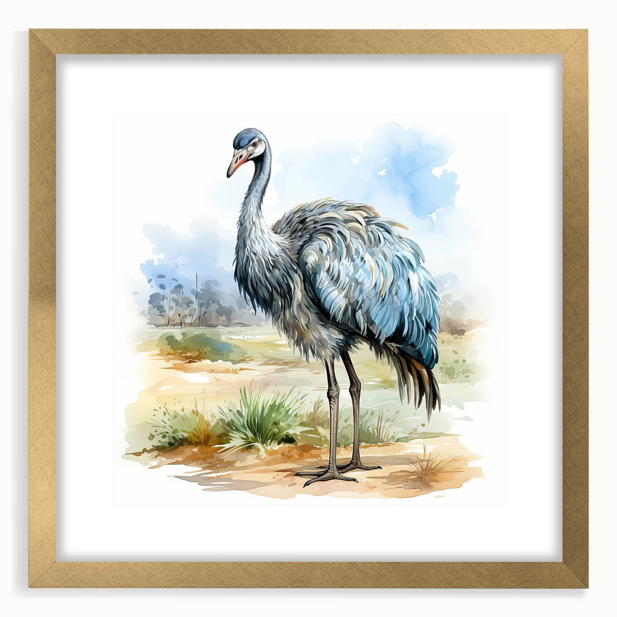 Framed wall art featuring a striking ostrich design in gold and black, set against a white mat, perfect for adding elegance to modern home decor.