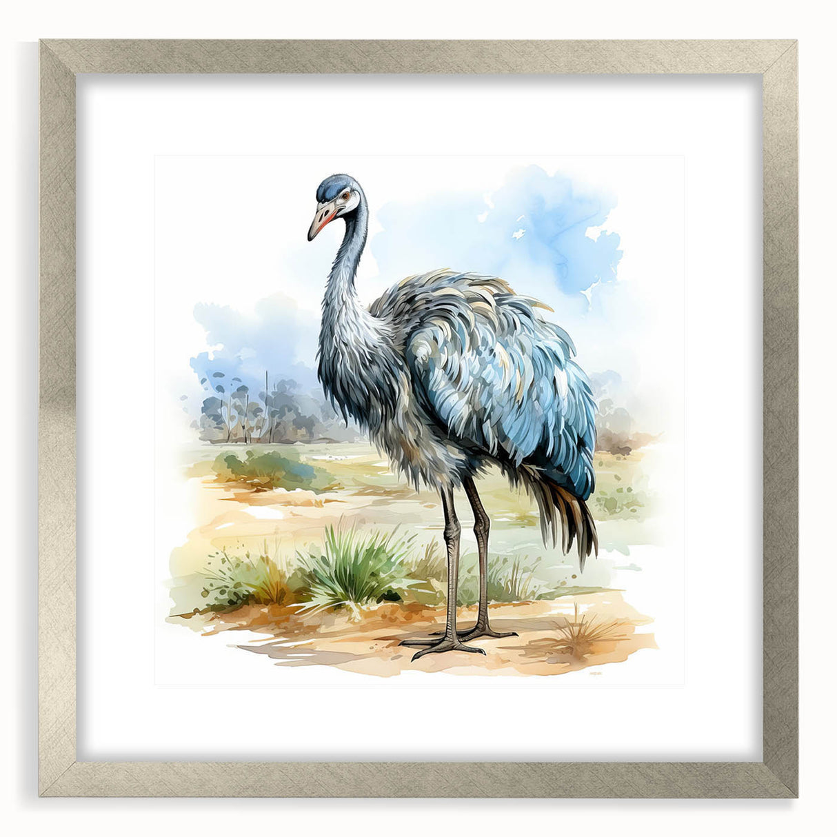 Framed wall art collection featuring an elegant silver mat and a vibrant ostrich design, perfect for enhancing contemporary home decor with a touch of nature.